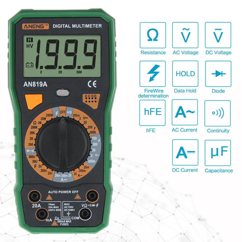 ANENG AN819A цифровой мультиметр AC/DC Амперметр напряжения Емкость Сопротивление транзистор измеритель тока+ Крокодил Зажимы