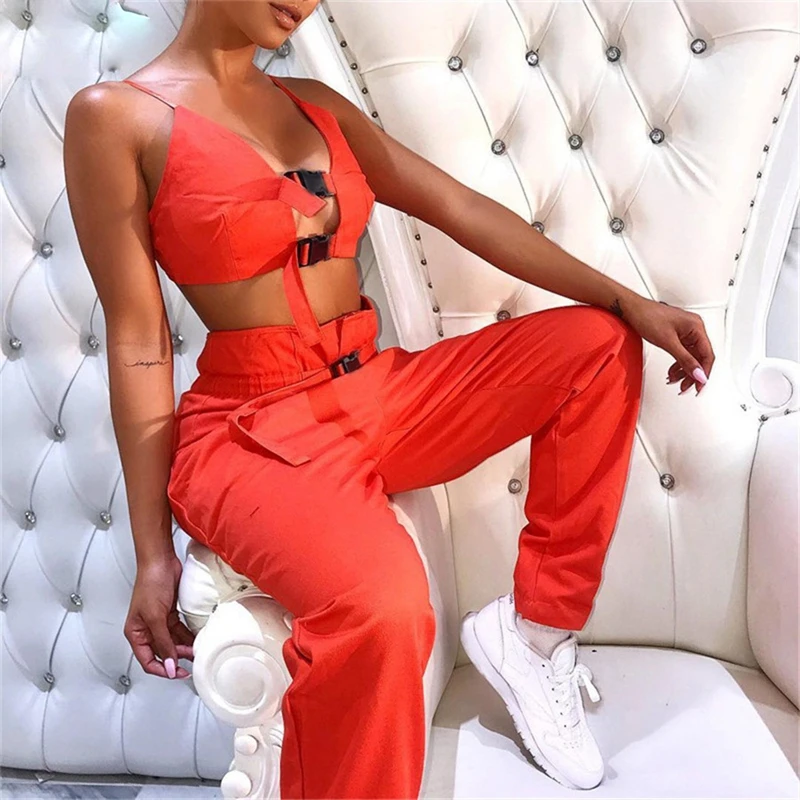 

2Pcs Women Cami Cool Bra Button Hollow Out Tops Sleeveless Belt Cargo Pockets Long Pants Hip Hop Set