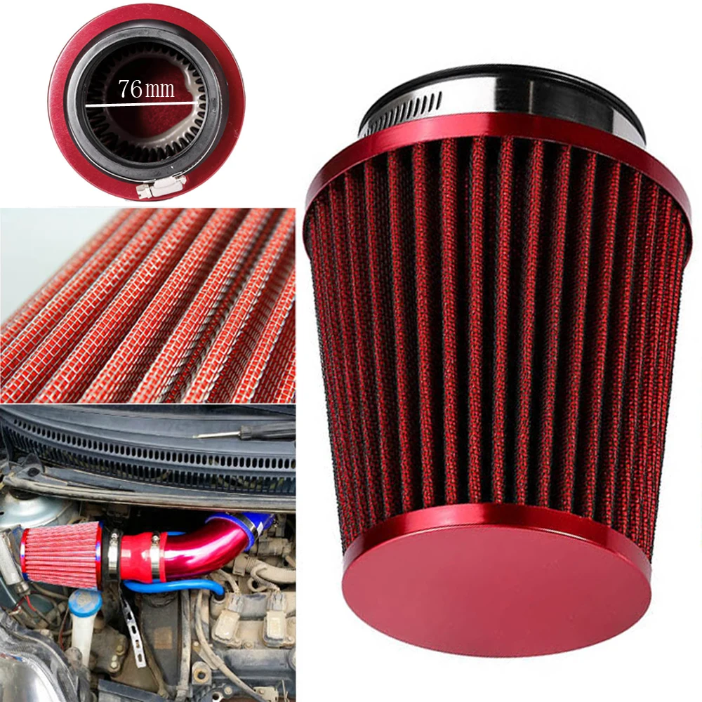 RED UNIVERSAL 3/" 76mm SMALL AIR FILTER FOR DODGE//JEEP SHORT//COLD AIR INTAKE