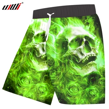 UJWI Mens Shorts Casual Hip Hop Streetwear Elastic Waist Boardshorts Man Clothes Cool Print Green Fire Skull 3D Shorts Masculino 1