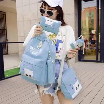 

New 5pcs Female Women Preppy Chic Students Canvas Cat Printed School Backpack Shoulder Bag Clutch Bag Drawstring Bag Pen Bag