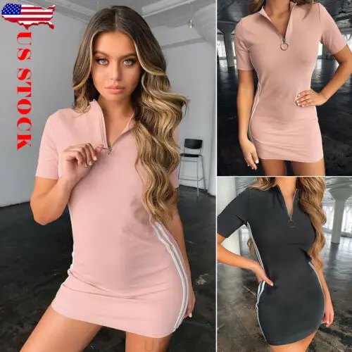2019 النساء مثير زيبر V الرقبة قصيرة الأكمام Bodycon قميص اللباس عارضة البسيطة فساتين الرياضة اللباس