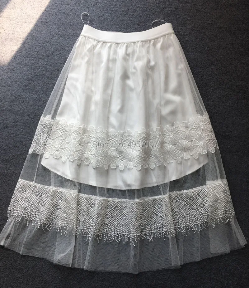 Latest Elastic High Waist White Lace Mesh Patchwork Midi Skirt - 2022ss Ladies Hollow Out Skirt