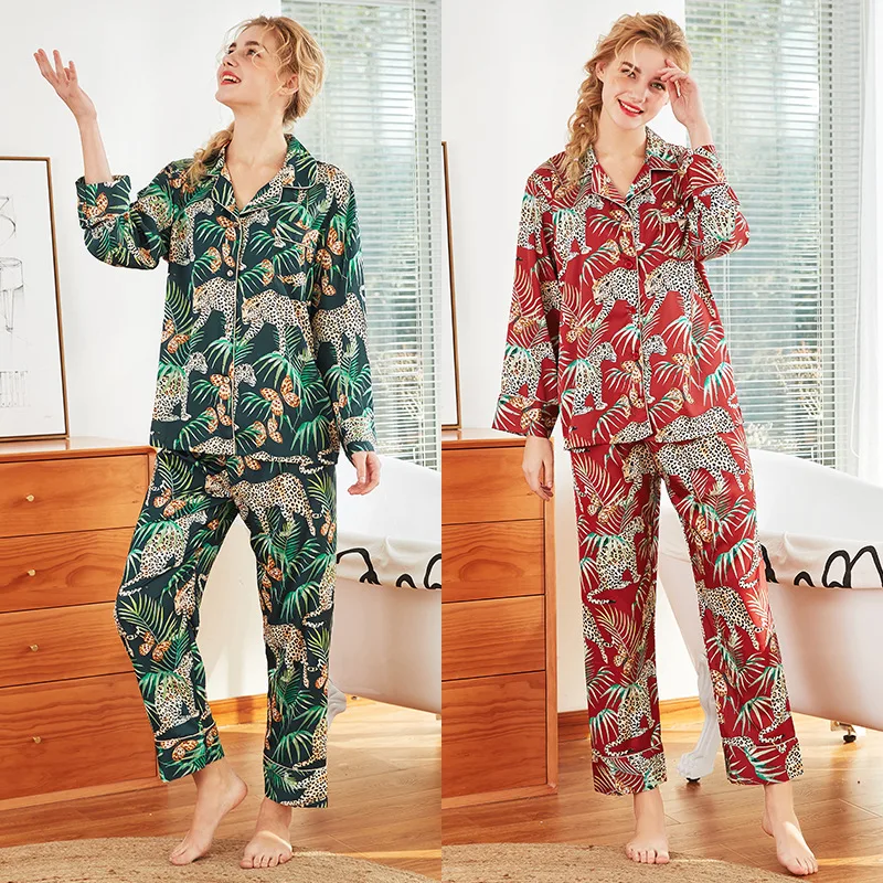 Summer Women Pajamas Sets With Pants Silk Pijama Satin Pyjama Flower Print Nightwear 2 Piece Set Long Sleeve Sleepwear