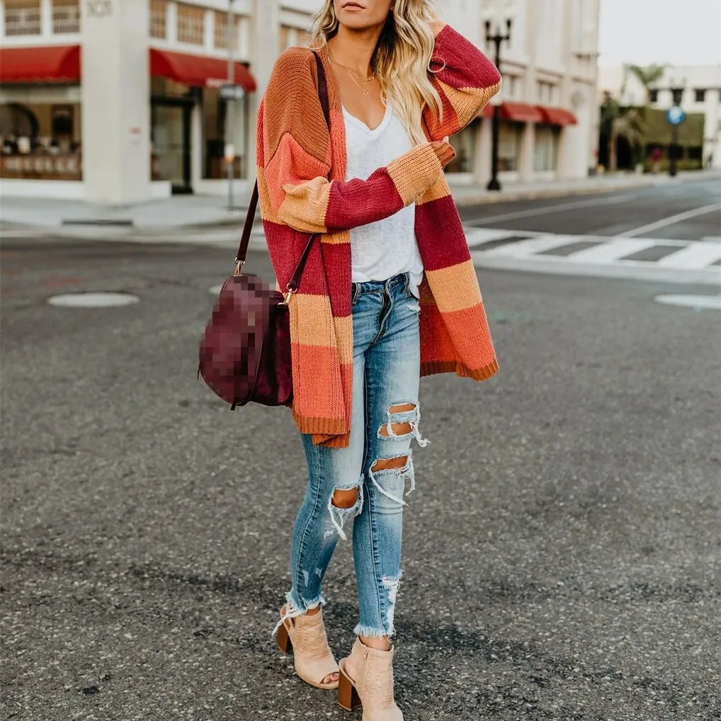 

Winter Women Long Sleeve Cardigan Female Striped Knitted Cardigans Orange Color Warm Coat