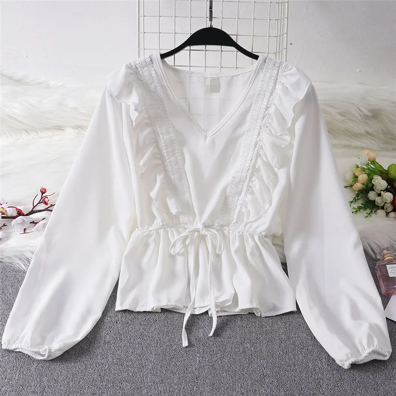 

Summer spring shirt blouse Women ladies Ruffles elegant casual long sleeve V Neck Clothes Hot arrival 2019 solid Bandage top New