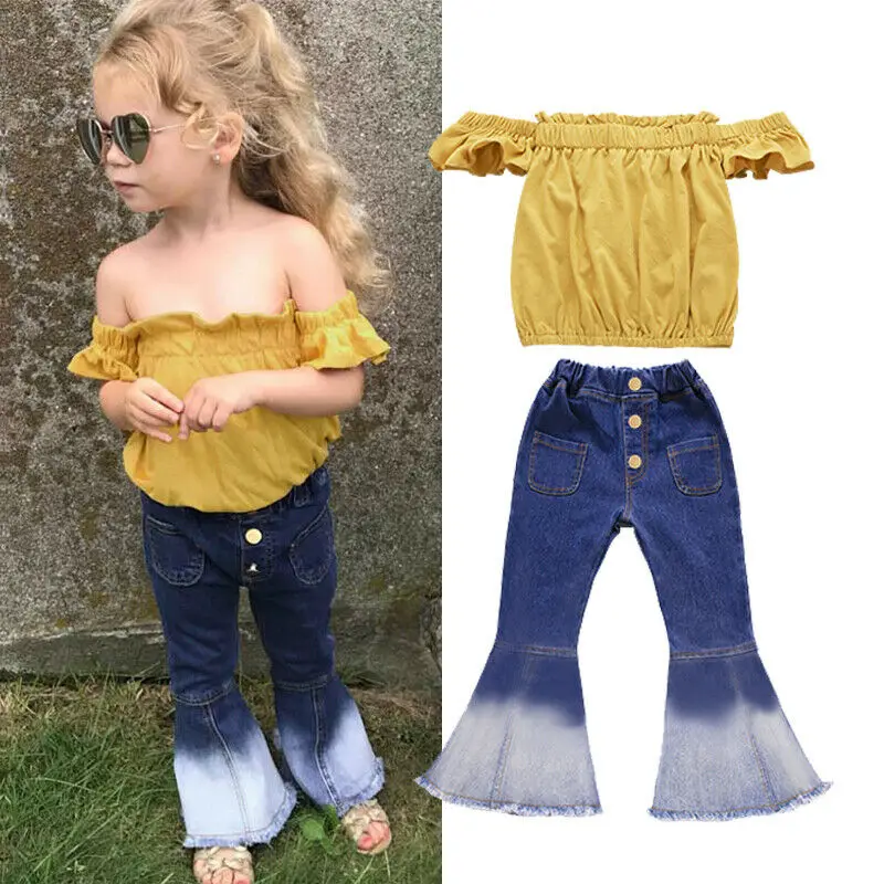 

2019 Hot Fashion Newborn Kids Baby Girls Off Shoulder Tops Denim Flare Long Pants Outfits Clothes