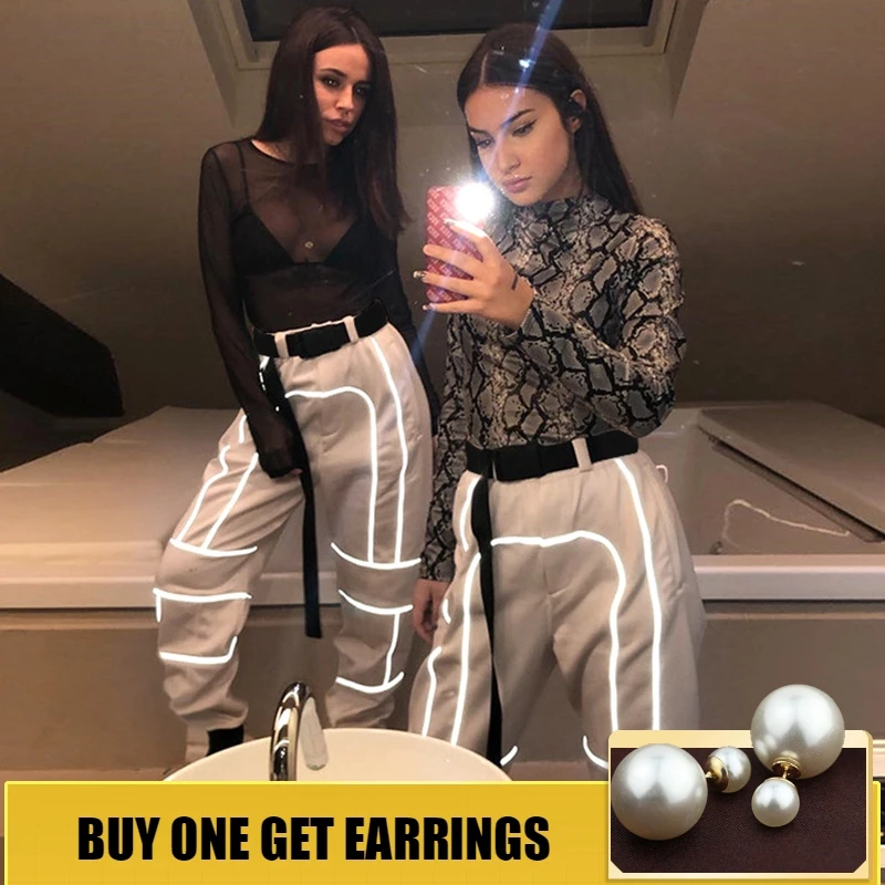 

HOUZHOU Reflective Pants with Belt 2019 New Patchwork Cargo Hgih Waist Pants Jogger Mujer Women Casual Streetwear Full Length