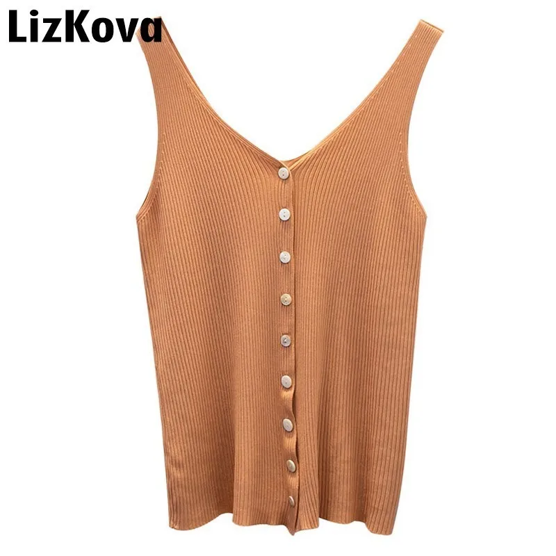 

Sleeveless Knitting Vest Women V neck Button Tank Tops Lady Summer Leisure T-Shirts Solid Color Korean Tops