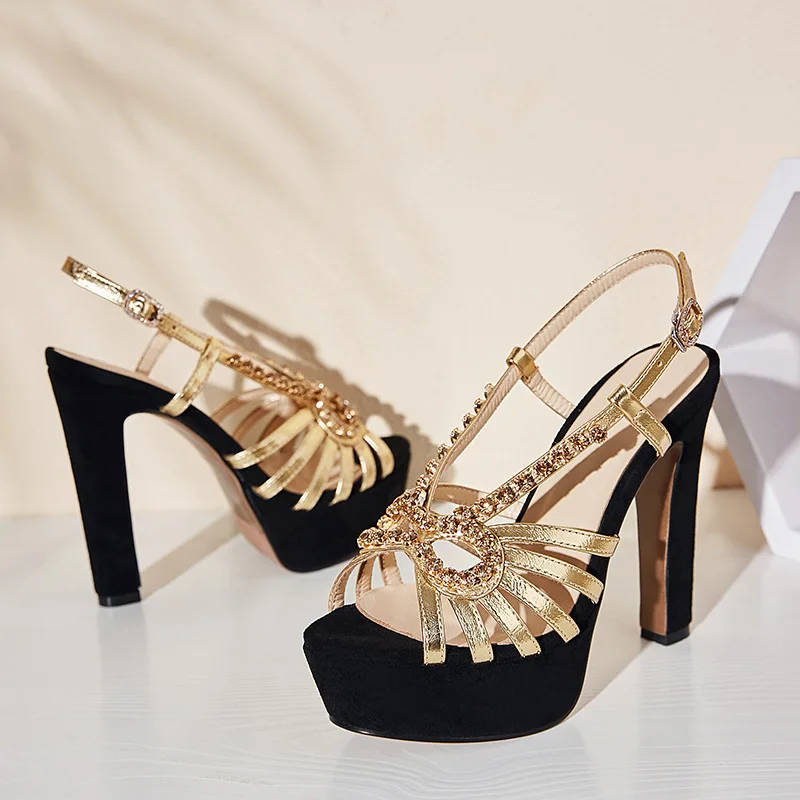 

New Spring Summer Woman Sandals with Platform Gold Color Ladies Casual Shoes in Back Strap Slip on Fashion Crystal embellished