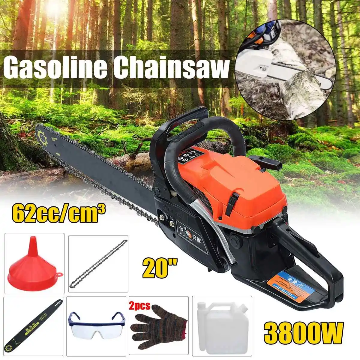 

Professional Chainsaw 20" 3800W Bar Gas Gasoline Powered Chainsaw 62cc Engine Cycle Chain Saw