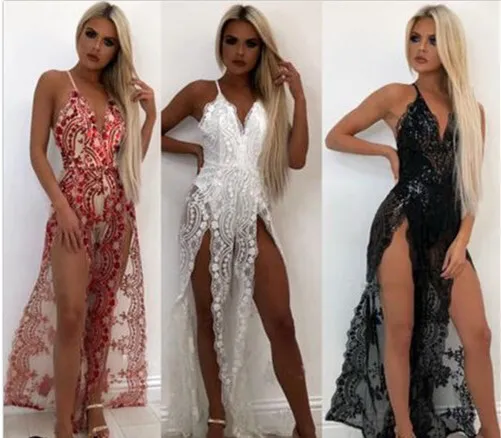 

Women Lady Sexy See-through Mesh Lace Summer Dress Deep-V Backless Spaghetti Strap Sleeveless Sheer Long Dress Women Clothes