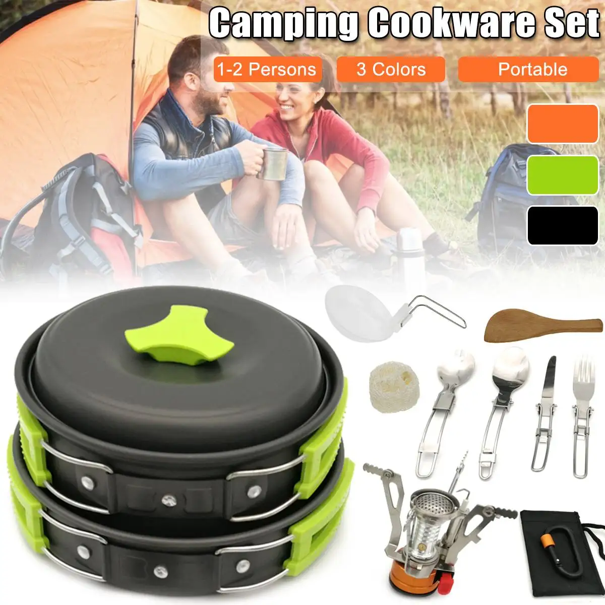 

1-2 Persons Camping Cookware Cooking Set Stove Kettle Gear Utensils Picnic Hiking Pot Bowl With Dinnerware Stove