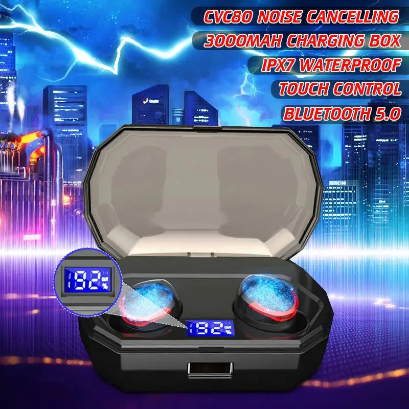 

bluetooth 5.0 Wireless Earphone Headset IPX7 Waterproof CVC8.0 Noise Cancelling 3000mAh Charging Box Power Bank for Phone tablet