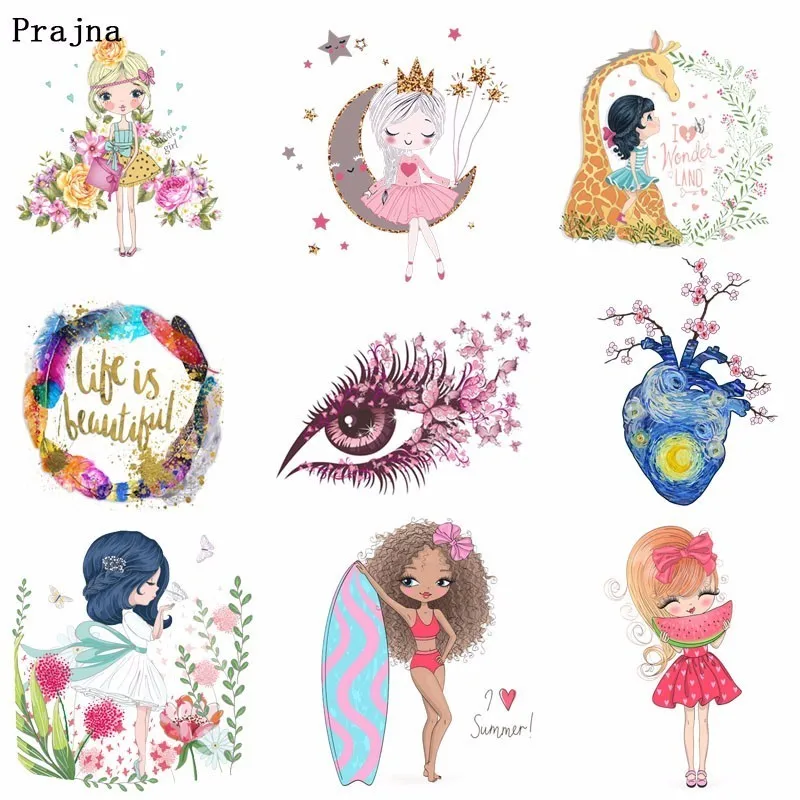 

Prajna Cartoon Fashion Vinyl Heat Transfer Iron On Printed Cute Girl Transfer For Clothing Beauty Colorful Garment Accessory H