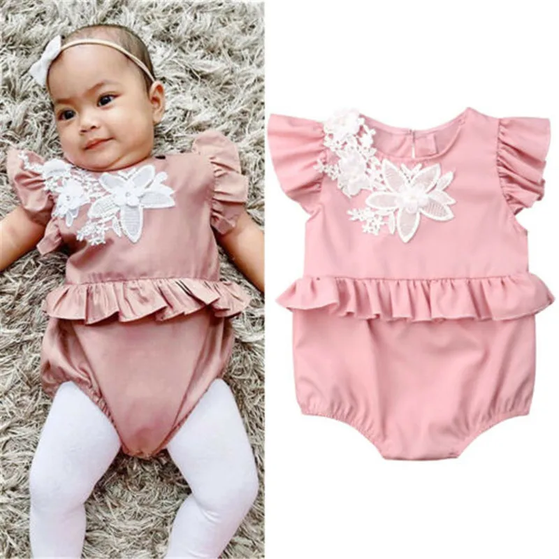 0-18 Months Baby Girls Rompers Solid Pink Sleeveless Embroidery Clothes Kids Newborn Set Birthday Gifts | Детская одежда и обувь