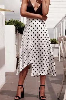 

Women Ladies Beach Polka Dot Print High Waist Bandage Lace Up White Split Skirt