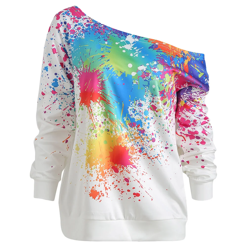 

Joineles Paint Splatter Print Skew Neck Women Sweatshirt Casual Loose Streetwear Autumn Hoodies Sweatshirt Harajuku Pullover