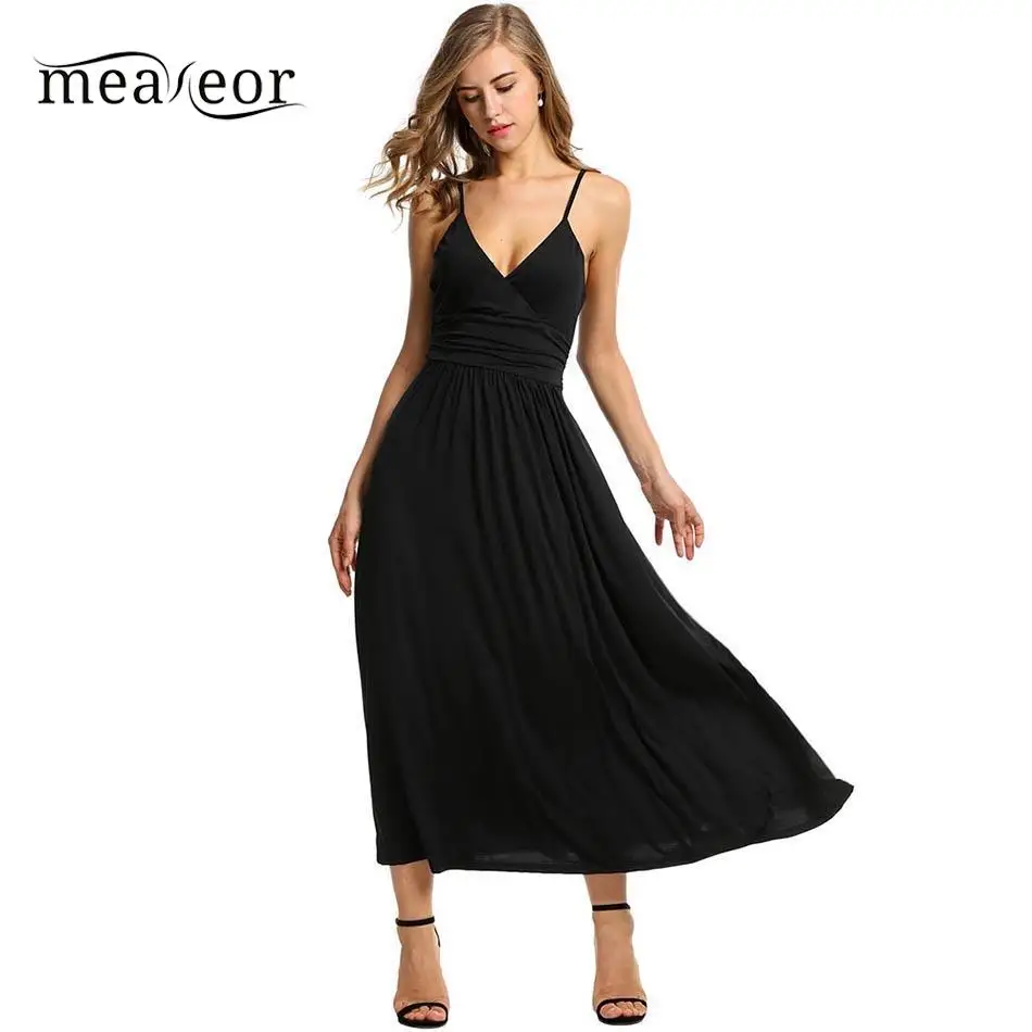 

Meaneor Casual Dress Waist Long Party Maxi 2019 Pleated Women V-Neck Spring Slim Dress High summer Strap Adjustable Dress