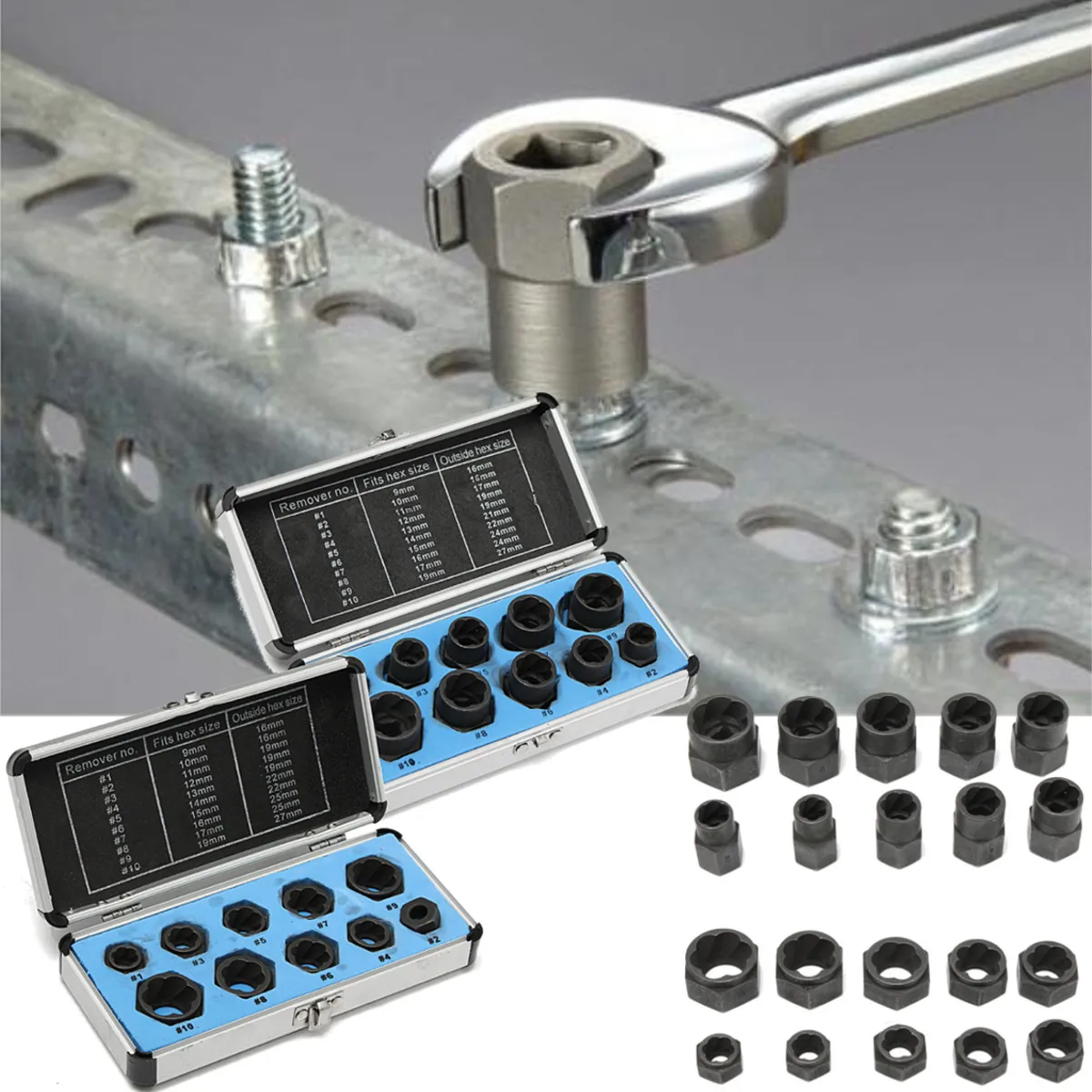 

10 pcs/set Damaged Bolt Nut Screw Remover Extractor Removal Set Nut Removal Socket Tool Threading Hand Tools Kit With Box Cased