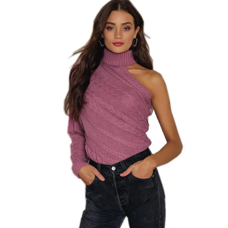 

Women Fashion Casual Solid Turtle Neck Slash Shoulder Winter Long Sleeve Knit Pullover Sweater Stripe Regular