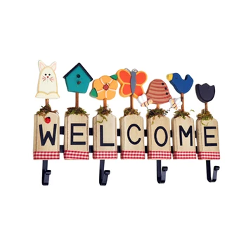 

1PC Fashion Wall Mounted Decorative Pastoral Style Cartoon Welcome Wood Sign Hook Home Sign Board Coat Hook Rack Wall Decoration