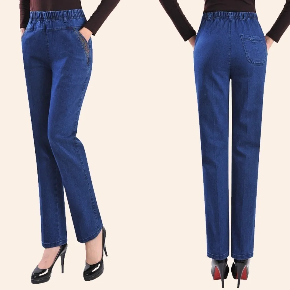 Модные прямые джинсы для женщин с высокой талией, эластичные джинсовые штаны, Стрейчевые длинные женские брюки, повседневные джинсы для мам
