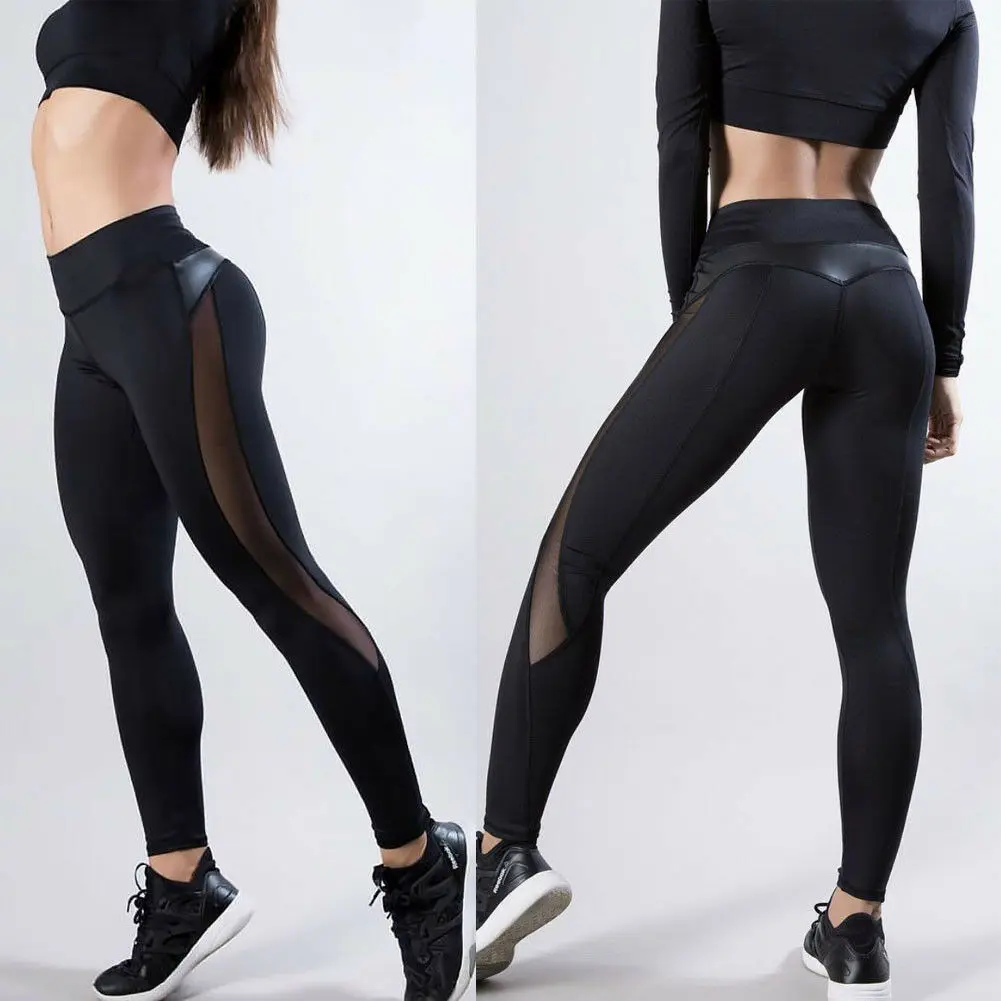 

Sexy Women Hips Lift Yoga Pants Hip Push Up Leggings Fitness Workout Stretch Sexy Mesh PU Patchwork Long Yoga Pants High Elastic