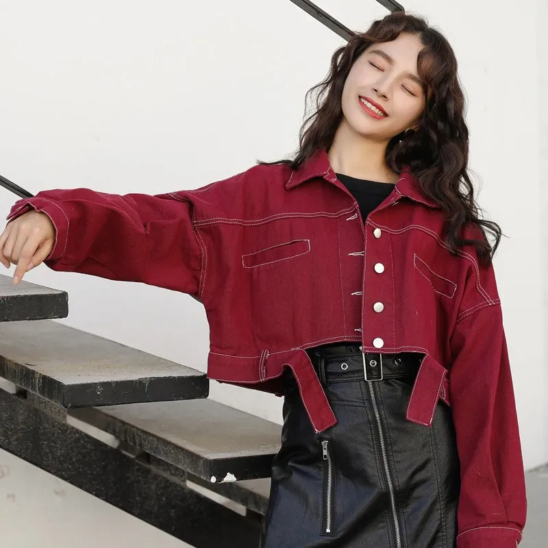 2019 Women Single Breasted Loose Denim Jacket Solid Red Yellow Ripped Cropped Denim Coats Motorcycle Biker Short Jeans Jacket