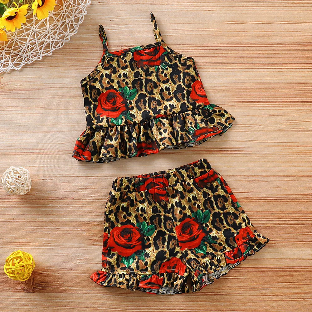طفلة الصيف 2 قطعة أكمام دعوى ليوبارد طباعة حبال سترة + السراويل أزياء الأطفال عارضة الملابس الجديدة