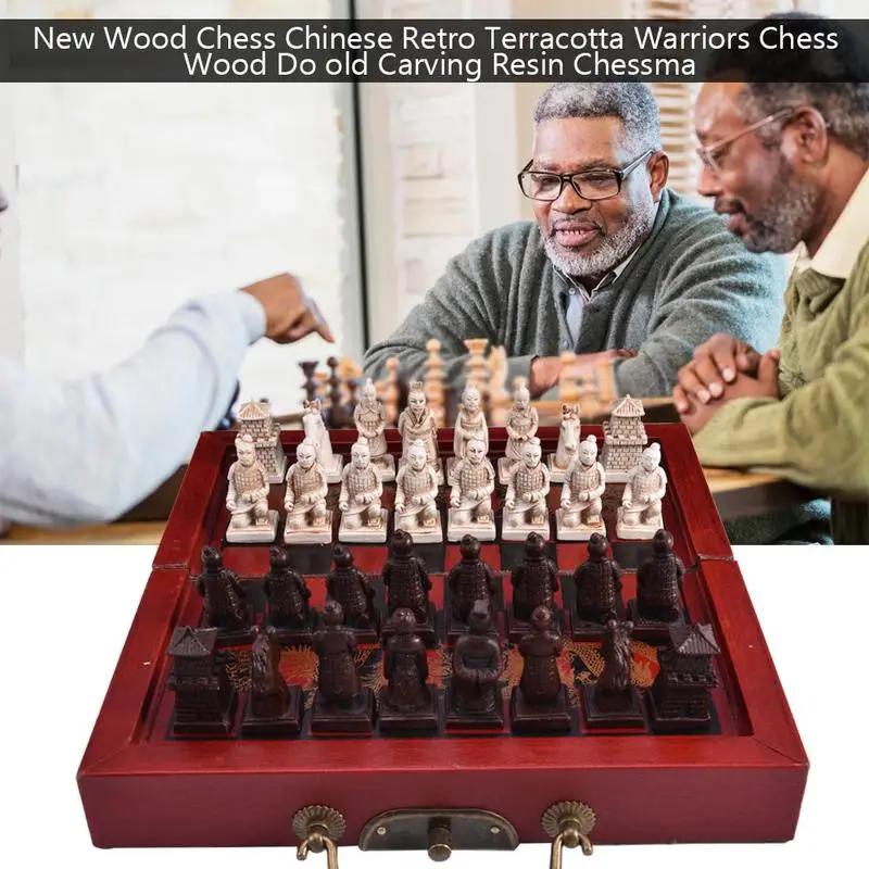 

Chinese Retro Chess Small Chess Set Ming Qing Dynasty Carved Resin Chessman Terracotta Warriors Chess Quality Wooden Material