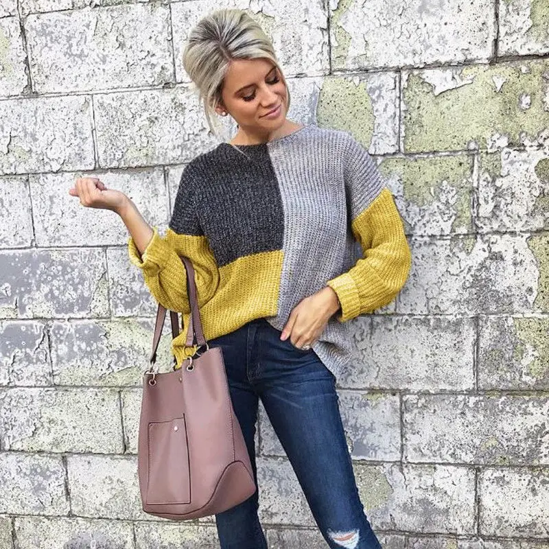 

Ladies Long Sleeve Soft Knit Sweater Top Women Autumn Round Neck Knitted Ribbed Jumper Patchwork Round Neck Sweaters