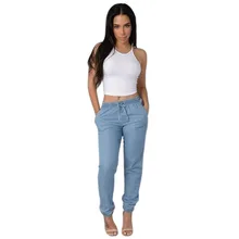 Women Solid Drawstring Elastic Waist Jeans Harem Pants Ladies Casual Middle Waist Denim Trousers Plus Size Long Pencil Pants Women Solid Drawstring Elastic Waist Jeans Harem Pants Ladies Casual Middle Waist Denim Trousers Plus Size Long Pencil Pants