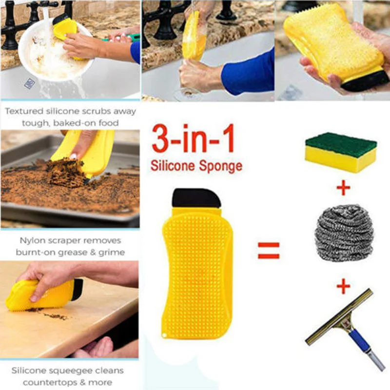 

Brand New Style Yellow 3 in 1 Multiuse Silicone Sponge Scraper Brush Kitchen Dishes Bath Wash Cleaner Cleaning Brushes