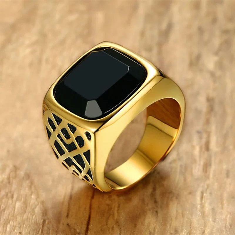 

Vintage Men Square Black Carnelian Semi-Precious Stone Signet Ring Gold Tone Stainless Steel for Male Jewelry Anillos Accessory