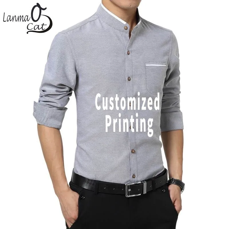 

Lanmaocat Mens Business Shirts Slim Fit Stand Collar Casual Shirt Custom Design Printing Casual Shirts Big Size Free Shipping