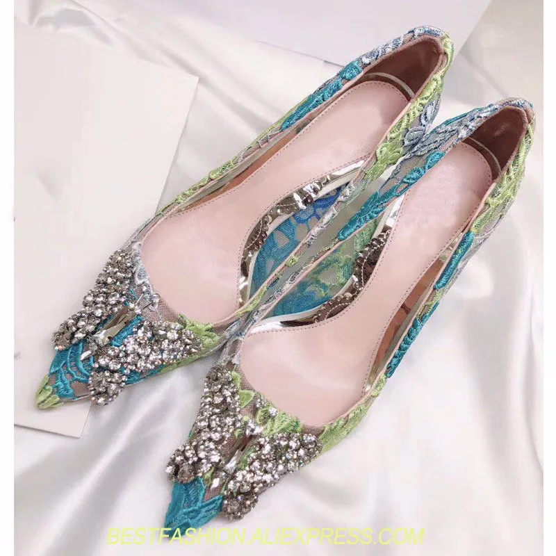 

Women Shoes Pointed Toe Lace Leather High Heels Luxury Diamond Butterfly tenis feminino Transparent Pump Sandalias Mujer