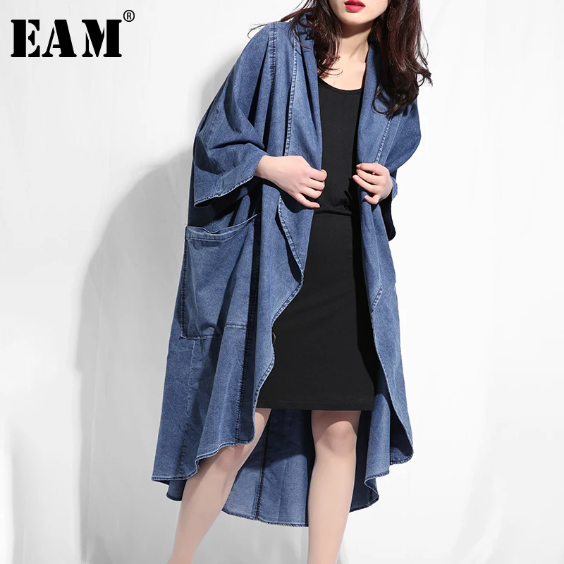 

[EAM] 2019 New Autumn Winter Lapel Long Sleeve Blue Denim Irregular Hem Loose Big Size Windbreaker Women Trench Fashion Tide W02