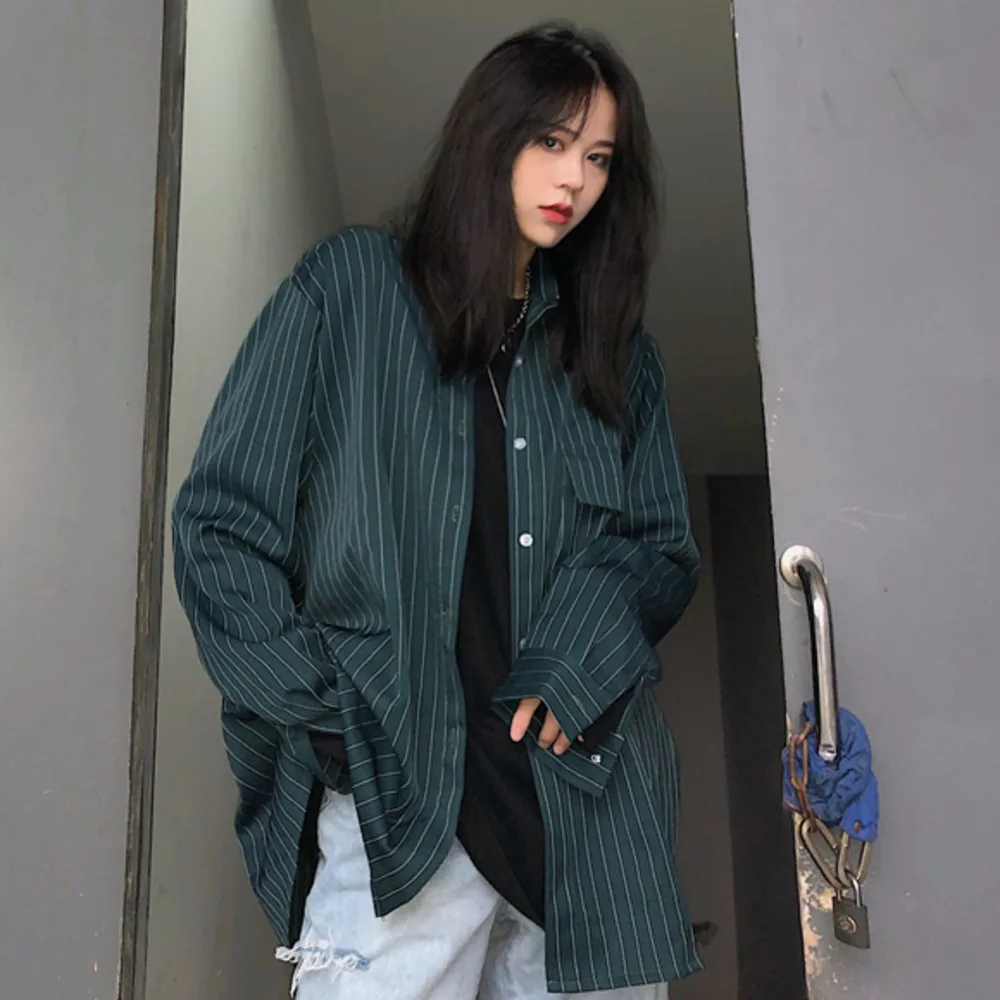 

2019 Casual Striped Shirt Women Single Breasted Loose Streetwear Shirt Jackets
