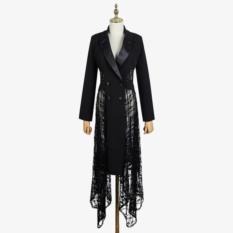 

[MENKAY] Transparent Hollow Out Lace Long Sleeve Loose Trench Coat Windbreaker Woman Blazer 2019 Spring New Fashion
