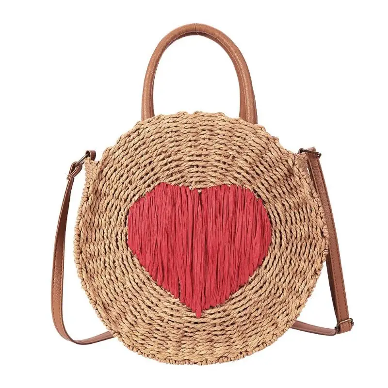 

Love Heart Shoulder Bags Straw Woven Straw Round Retro Women Shoulder Bags Casual Summer Beach Crossbody Messenger Handbags
