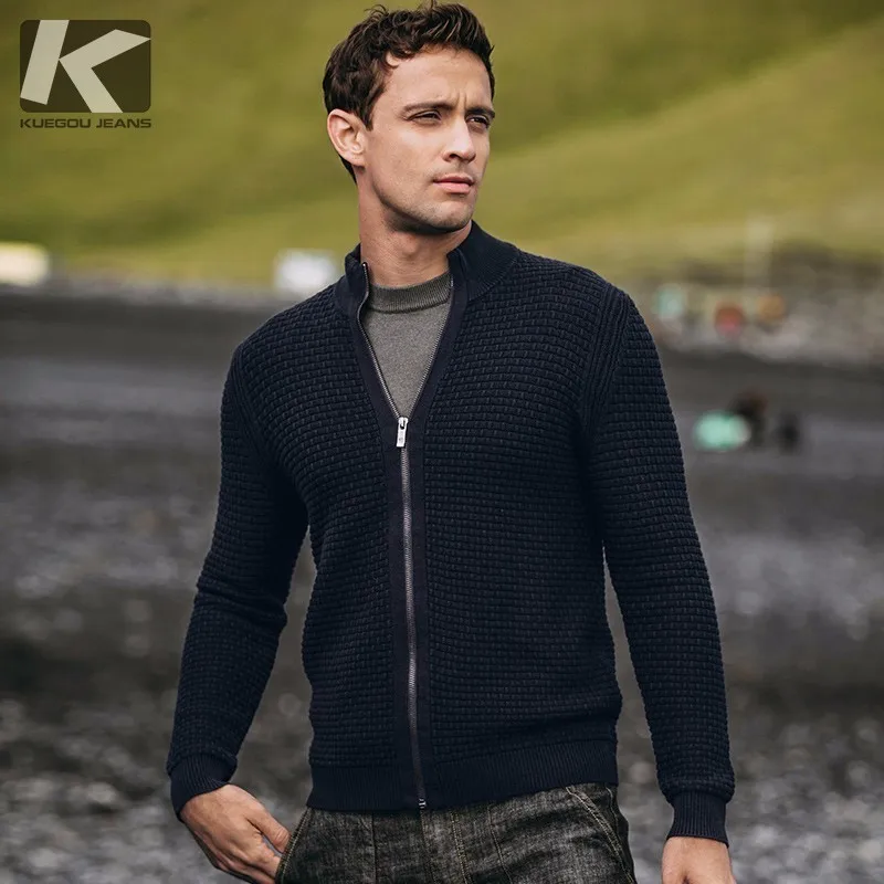 Autumn Men Sweater 100% Cotton Turtleneck Blue Color