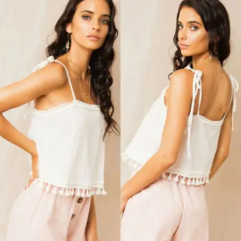 

2019 NEW Elegant Women Linen Strappy Tassel Tank Vest Cami Bralet Casual Girls Short Blouse Shirt Crop Tops Hot Beach Style new