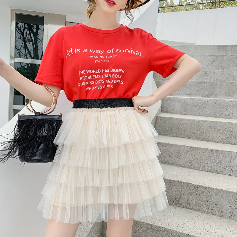 LYJMTDBK Женская мода лето новая высокая талия торт юбка мини-юбка эластичная талия юбка бутон шелковая пряжа kawaii юбка-пончо