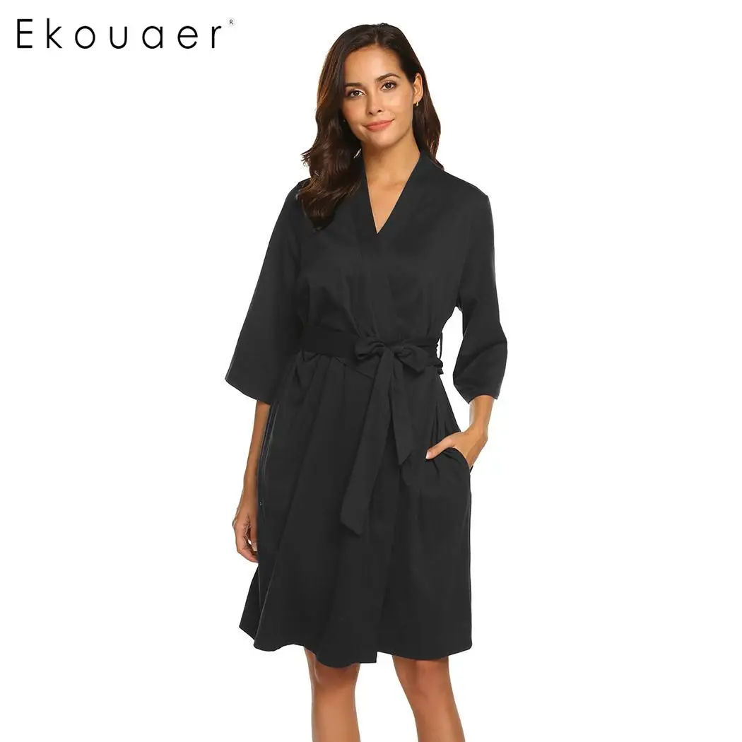 Халат Ekouaer, женский халат, ночная рубашка с v-образным вырезом, с рукавом три четверти, однотонное кимоно для беременных, банный халат, одежда для сна
