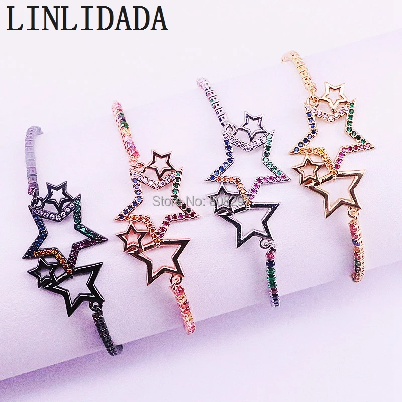 

8Pcs Micro Paved Multicolor Zircon Star Slider Adjustable Chain Bracelet Mix Color Charm Cz Bracelets for Women