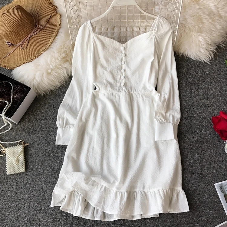 

2019 Spring Women Long Sleeves White Dress Retro Vintage Solid Color Dress Vestido Longo Kleider Damen