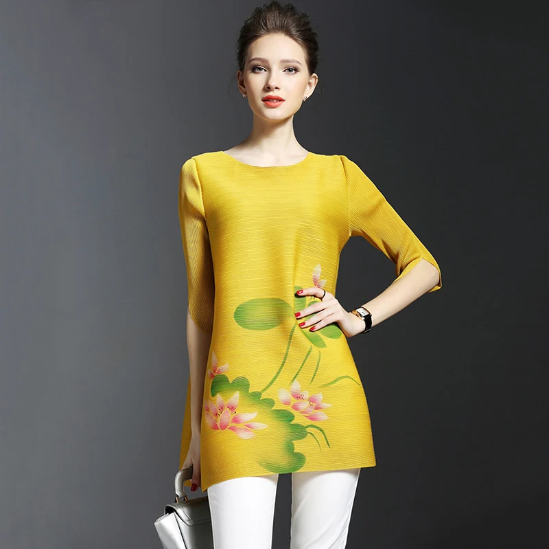 LANMREM летняя модная Новая эластичная футболка для элегантной плиссированной свободной футболки с цветочным принтом и круглым вырезом, топы с коротким рукавом, свободные повседневные топы NA95