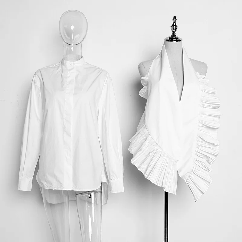  [EAM] 2020 New Autumn Winter Stand Collar Long Sleeve White Pleated Spliced Loose Two Piece Shirt W