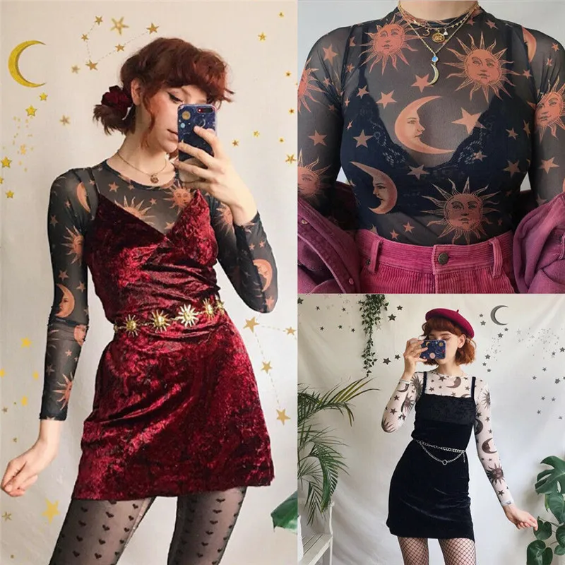 

2019 New Sexy Women Floral Mesh Sheer Long Sleeve T-shirt Crop Top Turtleneck Sun Pattern See Through Summer Hot T-shirt Outwear